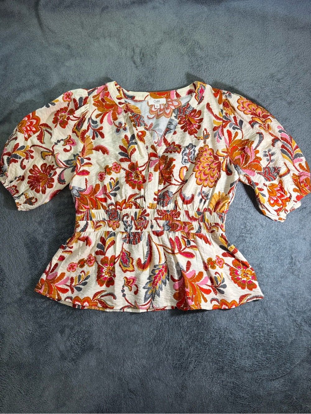 Oddi Women's Floral Peplum Top - Cream with Orange & Pink Gathered Waist L